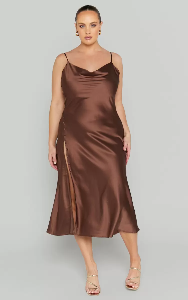 Flordeliza Midi Dress - Cowl Neck Thigh Slit Slip Dress In Chocolate Showpo Women Curve Clothes - 3