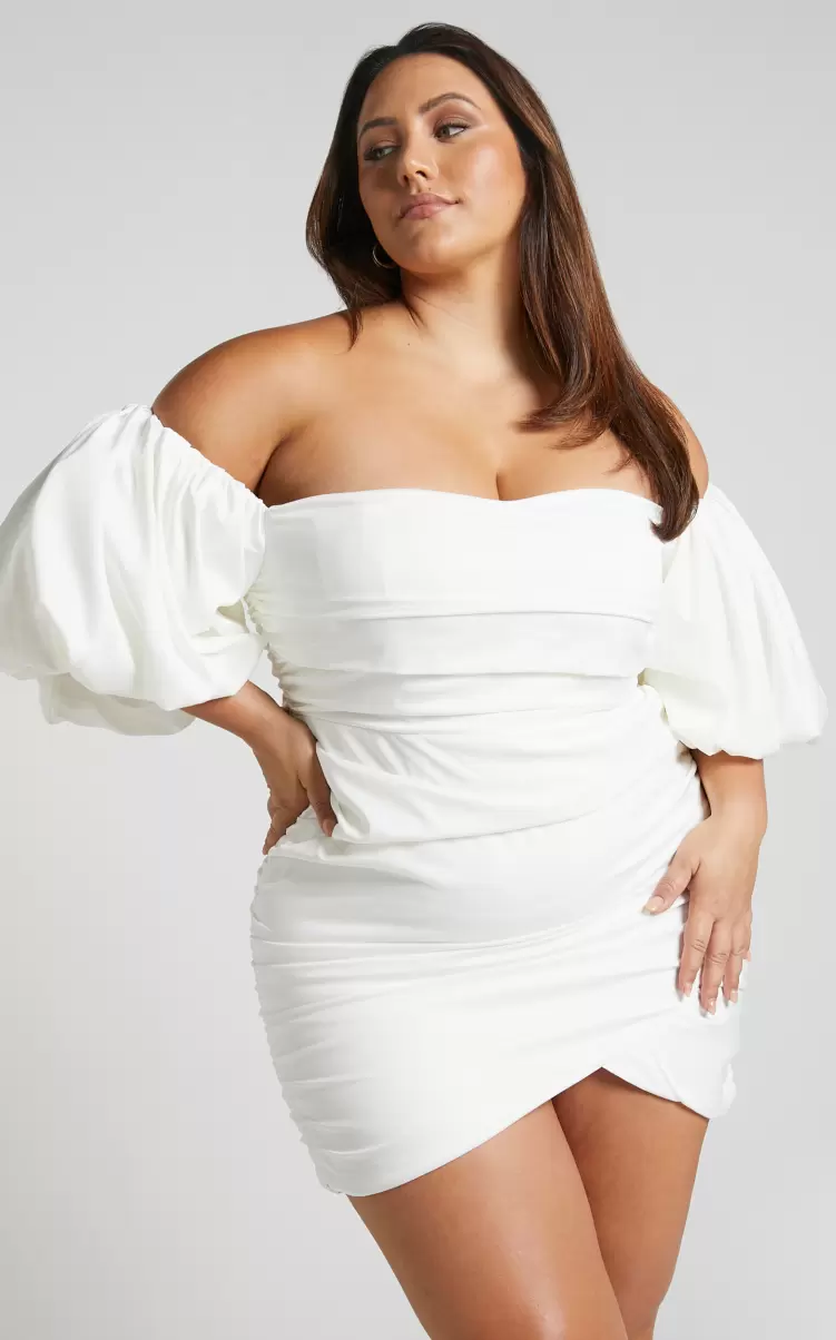 Curve Clothes Women Showpo Betty Mini Dress - Off Shoulder Puff Sleeve Gathered Dress In White - 1