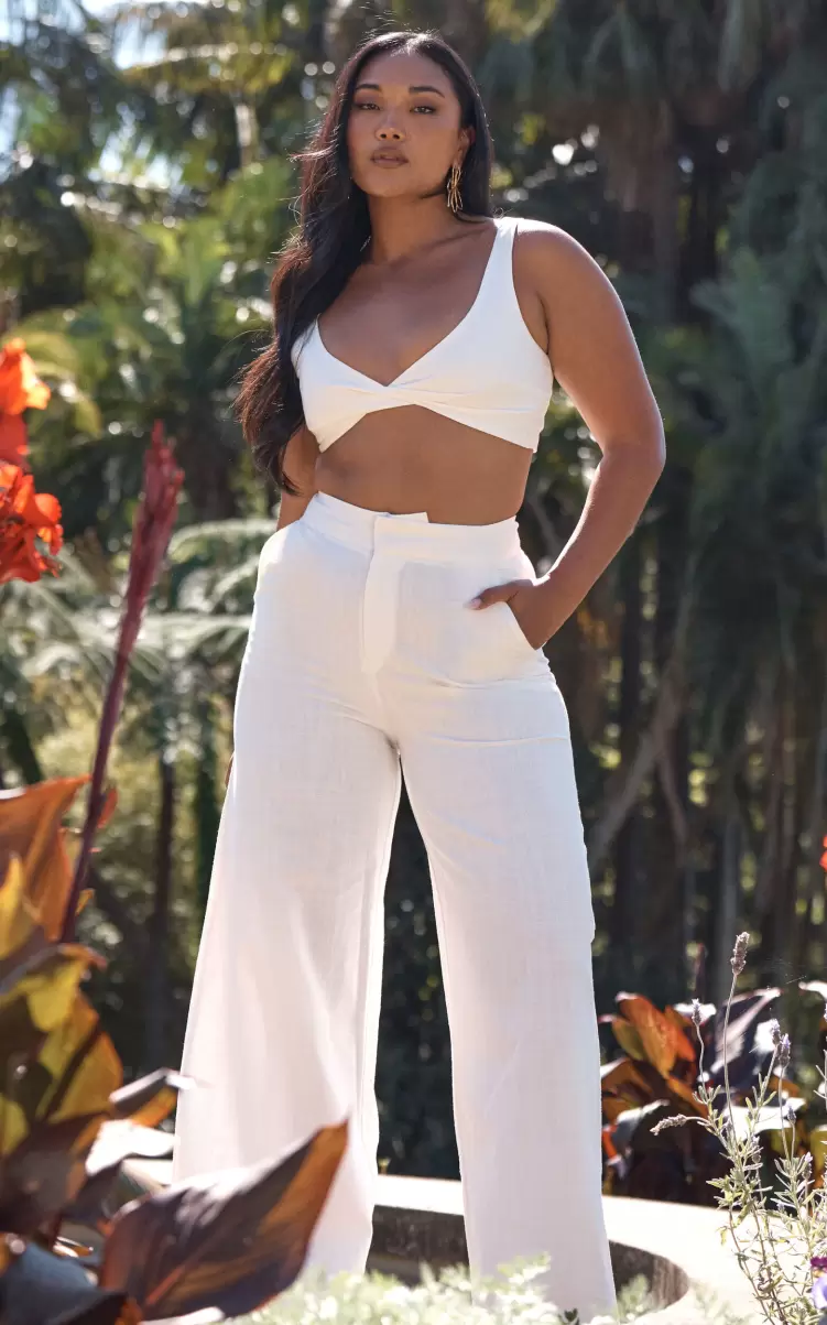 Kingston Two Piece Set - Twist Front Twill And Wide Leg Pants Set In White Showpo Women Curve Clothes - 2