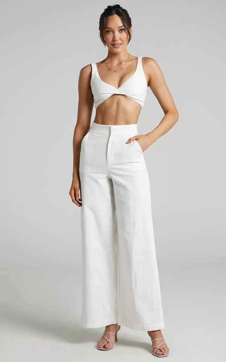 Kingston Two Piece Set - Twist Front Twill And Wide Leg Pants Set In White Showpo Women Curve Clothes - 3