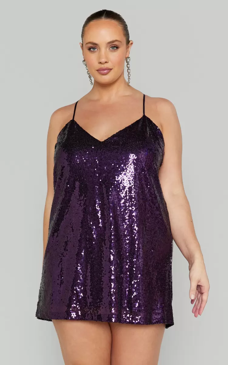 Delilaah Mini Dress - Strappy V Neck Slip Sequin Dress In Purple Sequins Curve Clothes Women Showpo - 1