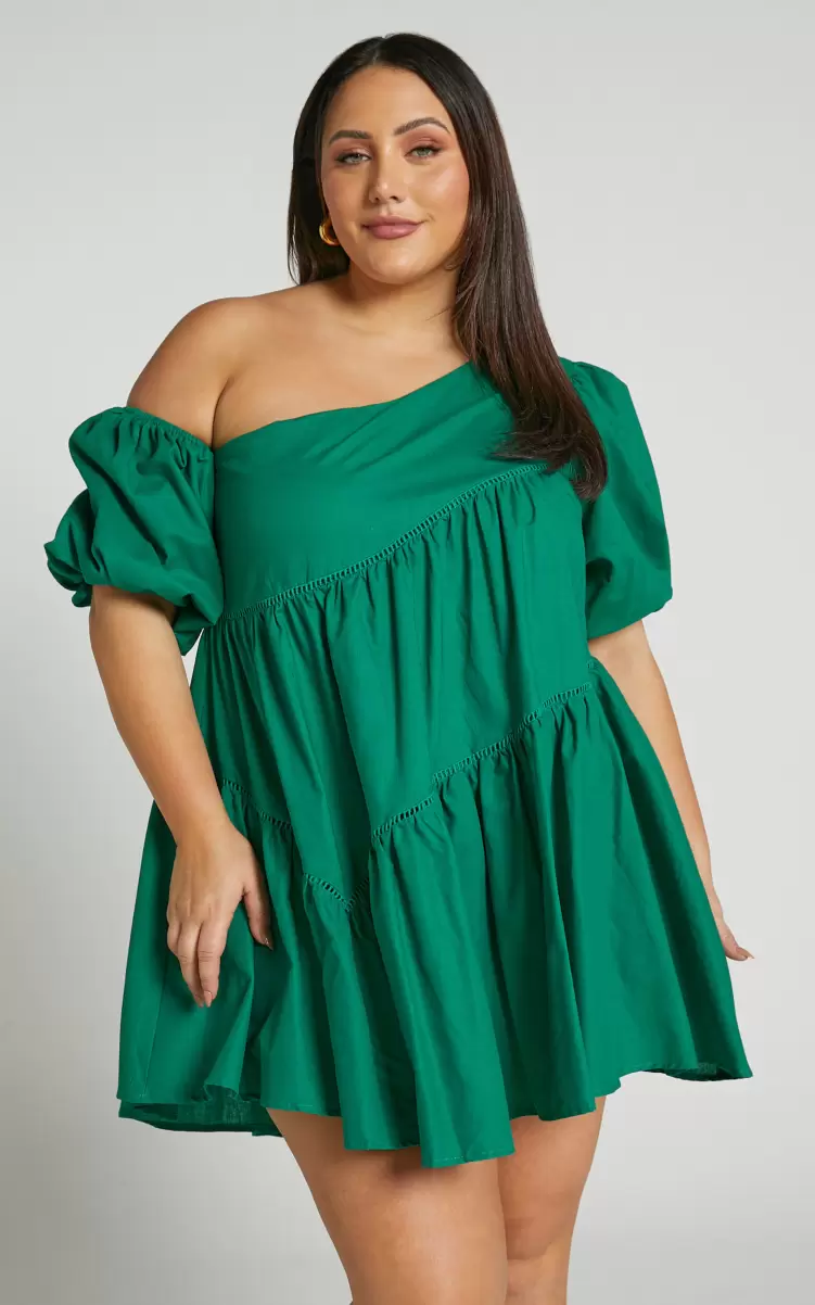 Curve Clothes Showpo Women Harleen Mini Dress - Linen Look Asymmetrical Trim Puff Sleeve Dress In Green - 1