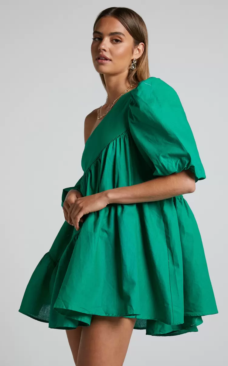 Curve Clothes Showpo Women Harleen Mini Dress - Linen Look Asymmetrical Trim Puff Sleeve Dress In Green - 2