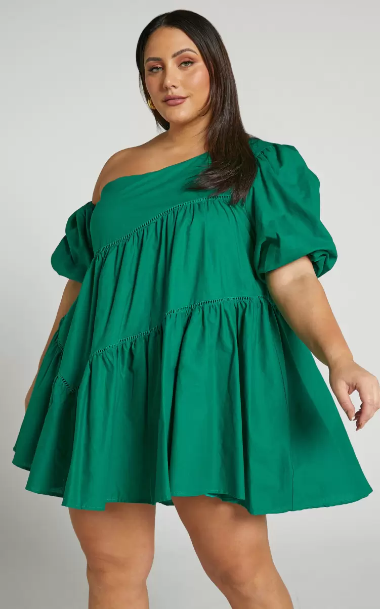 Curve Clothes Showpo Women Harleen Mini Dress - Linen Look Asymmetrical Trim Puff Sleeve Dress In Green - 3