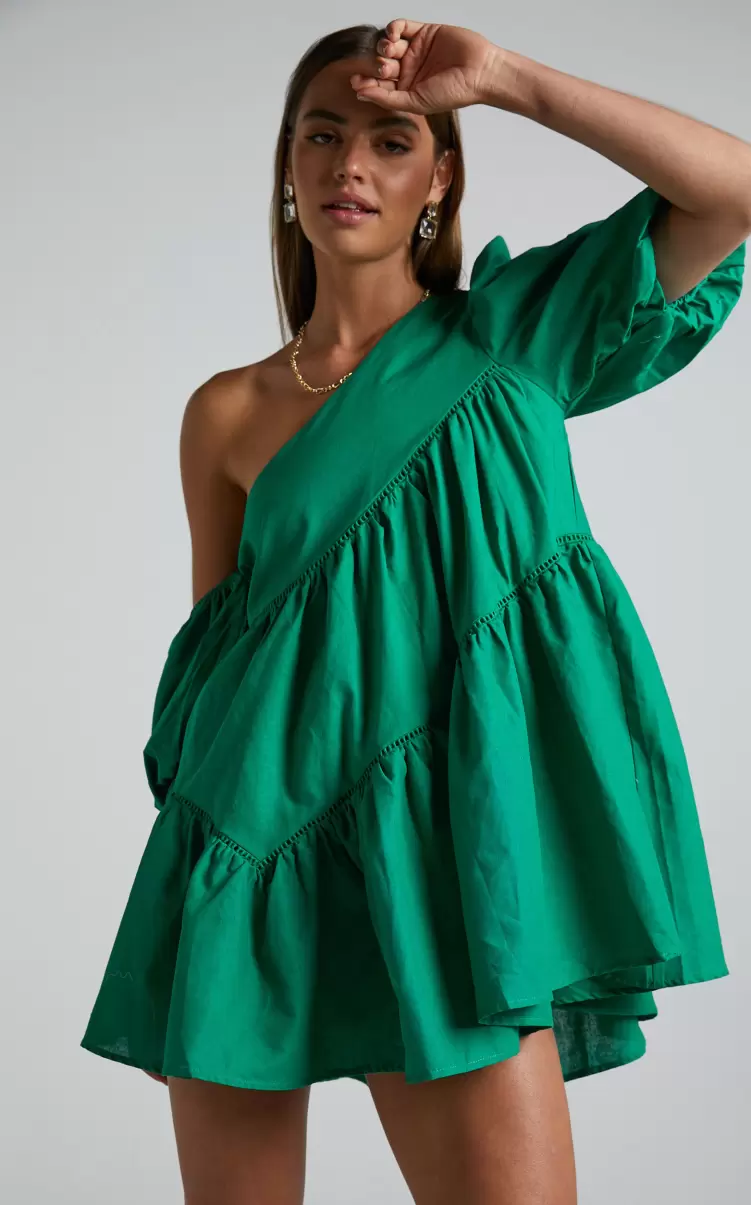 Curve Clothes Showpo Women Harleen Mini Dress - Linen Look Asymmetrical Trim Puff Sleeve Dress In Green - 4
