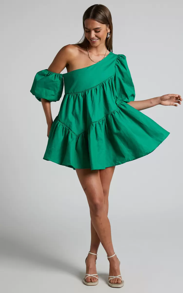 Curve Clothes Showpo Women Harleen Mini Dress - Linen Look Asymmetrical Trim Puff Sleeve Dress In Green