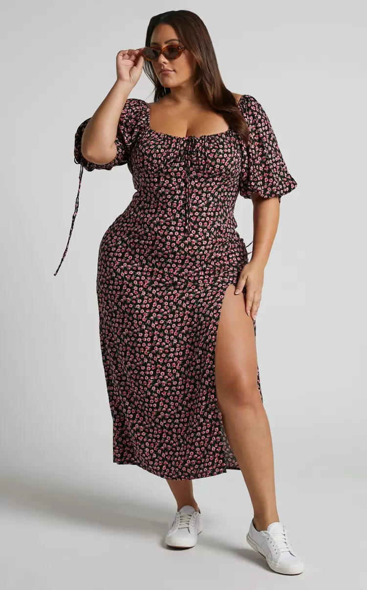 Showpo Women Curve Clothes Rosario Midi Dress - Ruched Bust Puff Sleeve Dress In Black Floral - 3