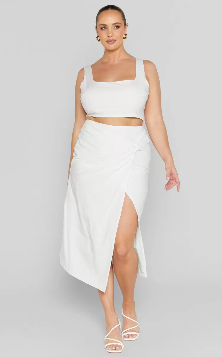 Showpo Curve Clothes Gibson Two Piece Set - Linen Look Crop Top And Knot Front Midi Skirt Set In White Women - 1