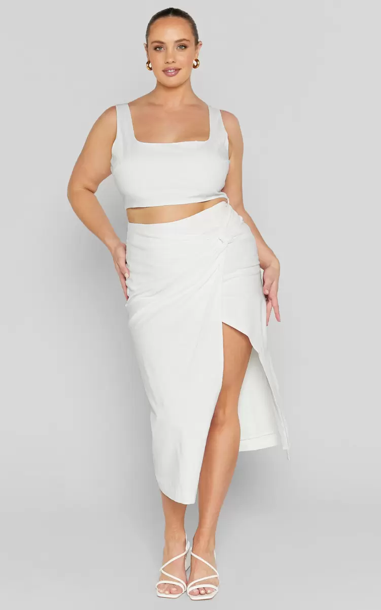Showpo Curve Clothes Gibson Two Piece Set - Linen Look Crop Top And Knot Front Midi Skirt Set In White Women - 3
