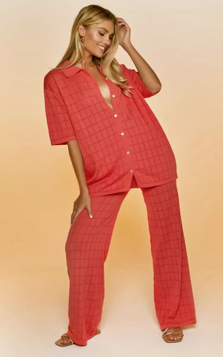 Tommy Two Piece Set - Knit Button Through Top And Pants Two Piece Set In Coral Women Curve Clothes Showpo - 2