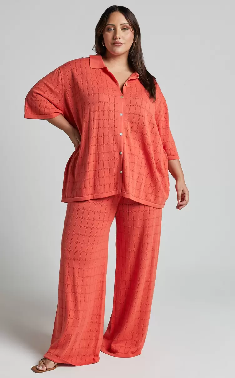 Tommy Two Piece Set - Knit Button Through Top And Pants Two Piece Set In Coral Women Curve Clothes Showpo - 3