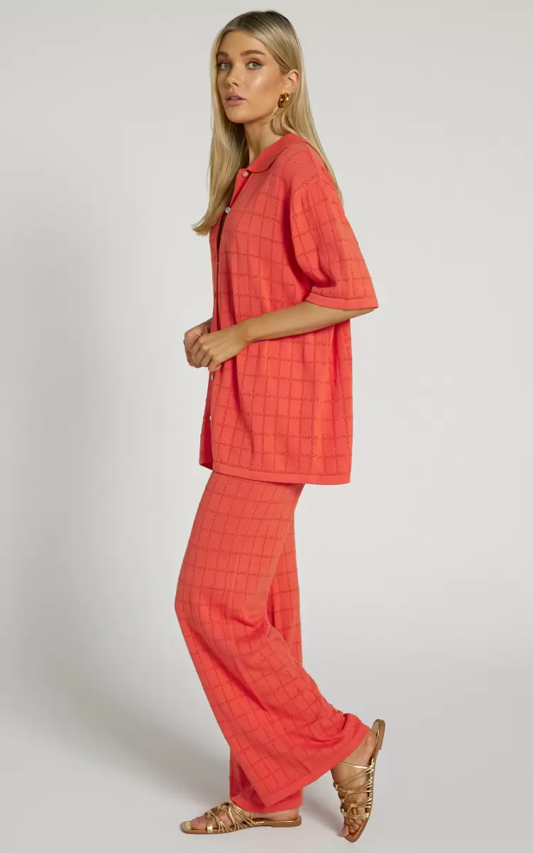 Tommy Two Piece Set - Knit Button Through Top And Pants Two Piece Set In Coral Women Curve Clothes Showpo - 4