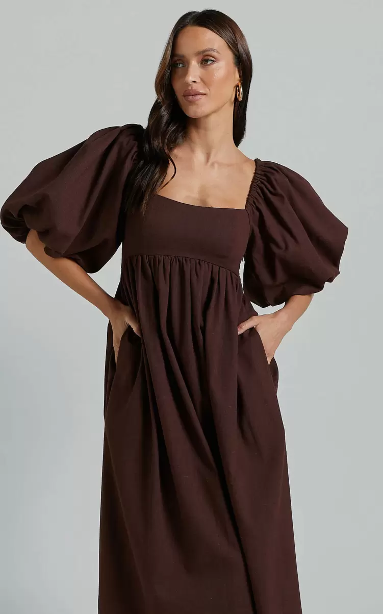 Showpo Curve Clothes Women Cenia Midi Dress - Linen Look Straight Neck Shirred Back Puff Sleeve Dress In Dark Oak - 2