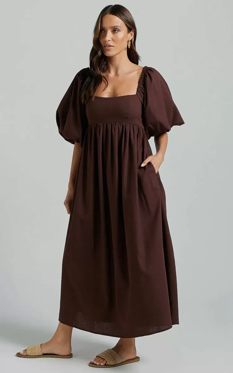 Showpo Curve Clothes Women Cenia Midi Dress - Linen Look Straight Neck Shirred Back Puff Sleeve Dress In Dark Oak - 3