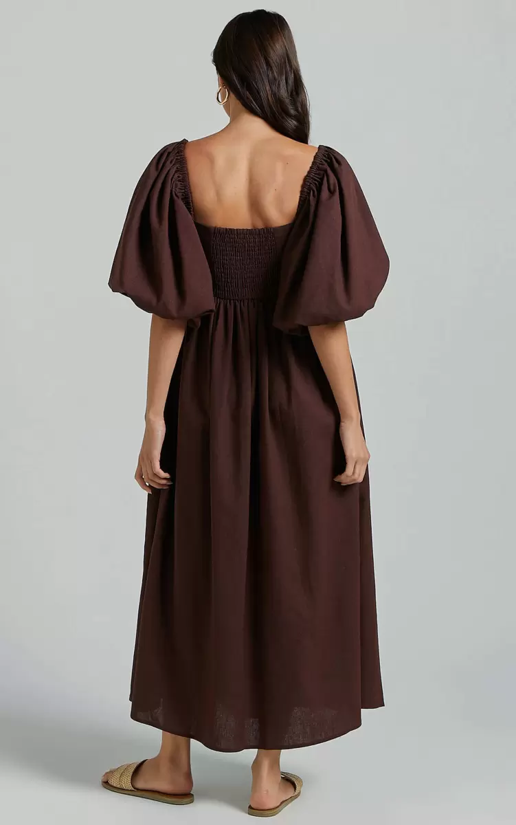 Showpo Curve Clothes Women Cenia Midi Dress - Linen Look Straight Neck Shirred Back Puff Sleeve Dress In Dark Oak - 4