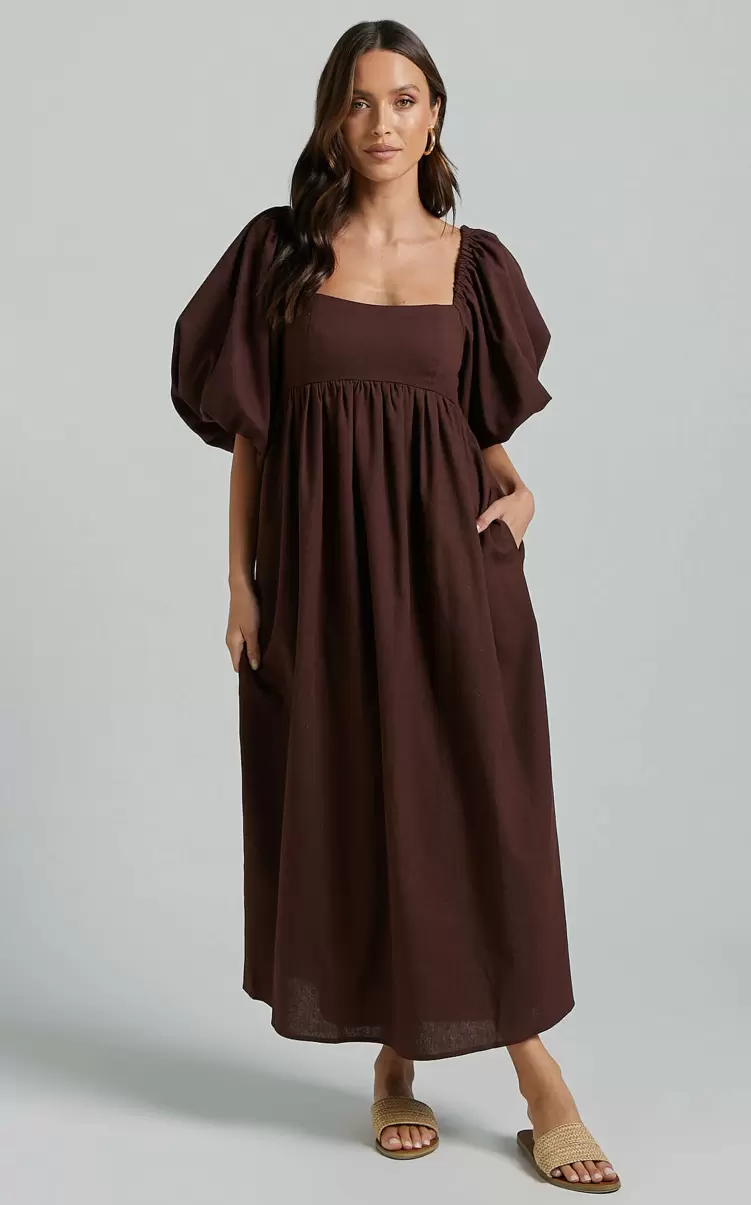 Showpo Curve Clothes Women Cenia Midi Dress - Linen Look Straight Neck Shirred Back Puff Sleeve Dress In Dark Oak