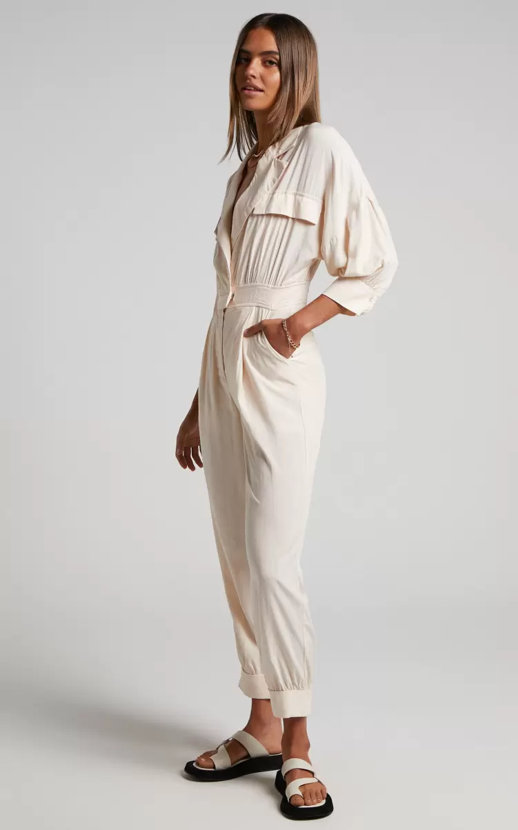 Ayelin Jumpsuit - Linen Look Relaxed 3/4 Sleeve Jumpsuit In Cream Showpo Women Curve Clothes - 1