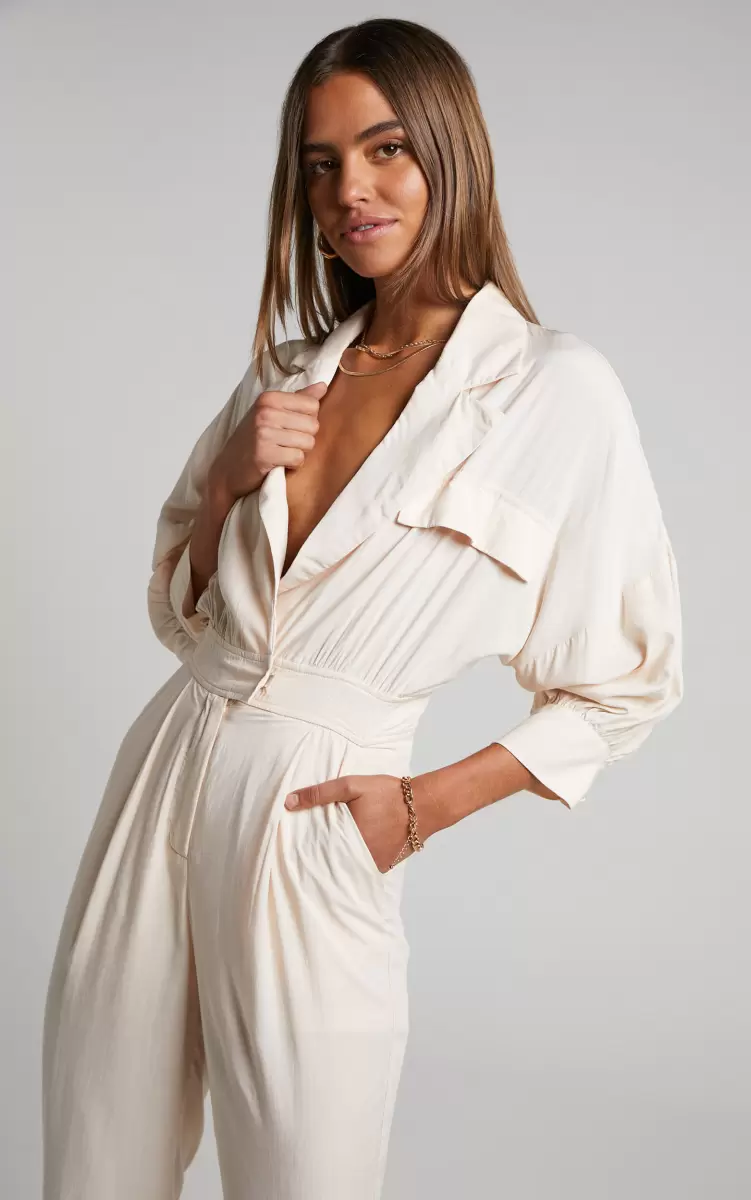 Ayelin Jumpsuit - Linen Look Relaxed 3/4 Sleeve Jumpsuit In Cream Showpo Women Curve Clothes - 2