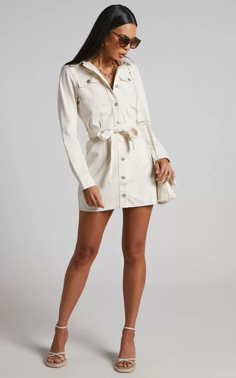 Curve Clothes Enriquetta Mini Dress -  Cotton Denim Long Sleeve Button Up Dress In Ecru Showpo Women - 1