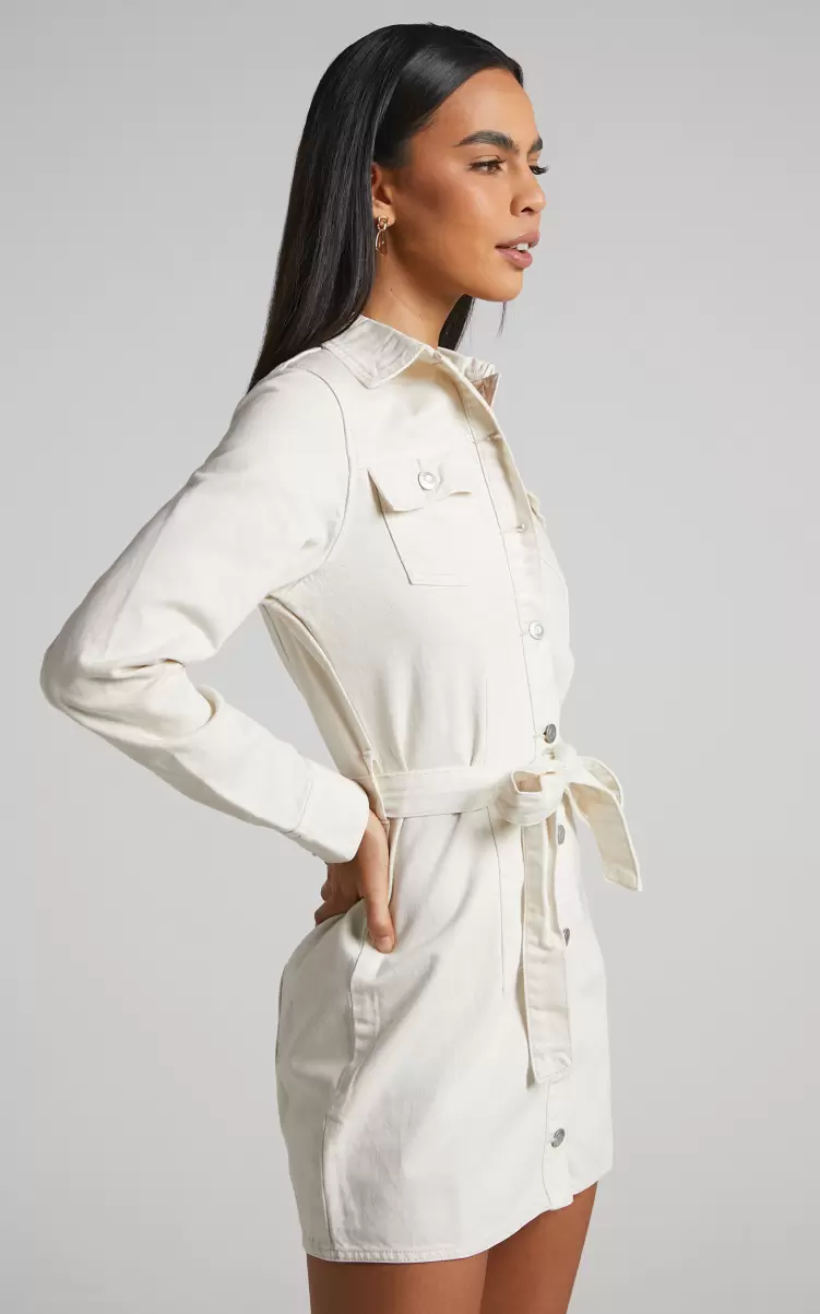 Curve Clothes Enriquetta Mini Dress -  Cotton Denim Long Sleeve Button Up Dress In Ecru Showpo Women - 2