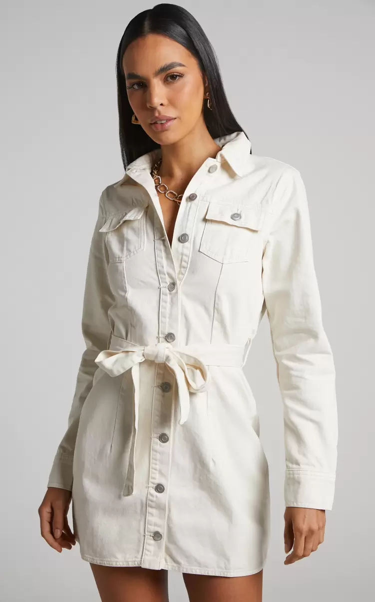 Curve Clothes Enriquetta Mini Dress -  Cotton Denim Long Sleeve Button Up Dress In Ecru Showpo Women - 3
