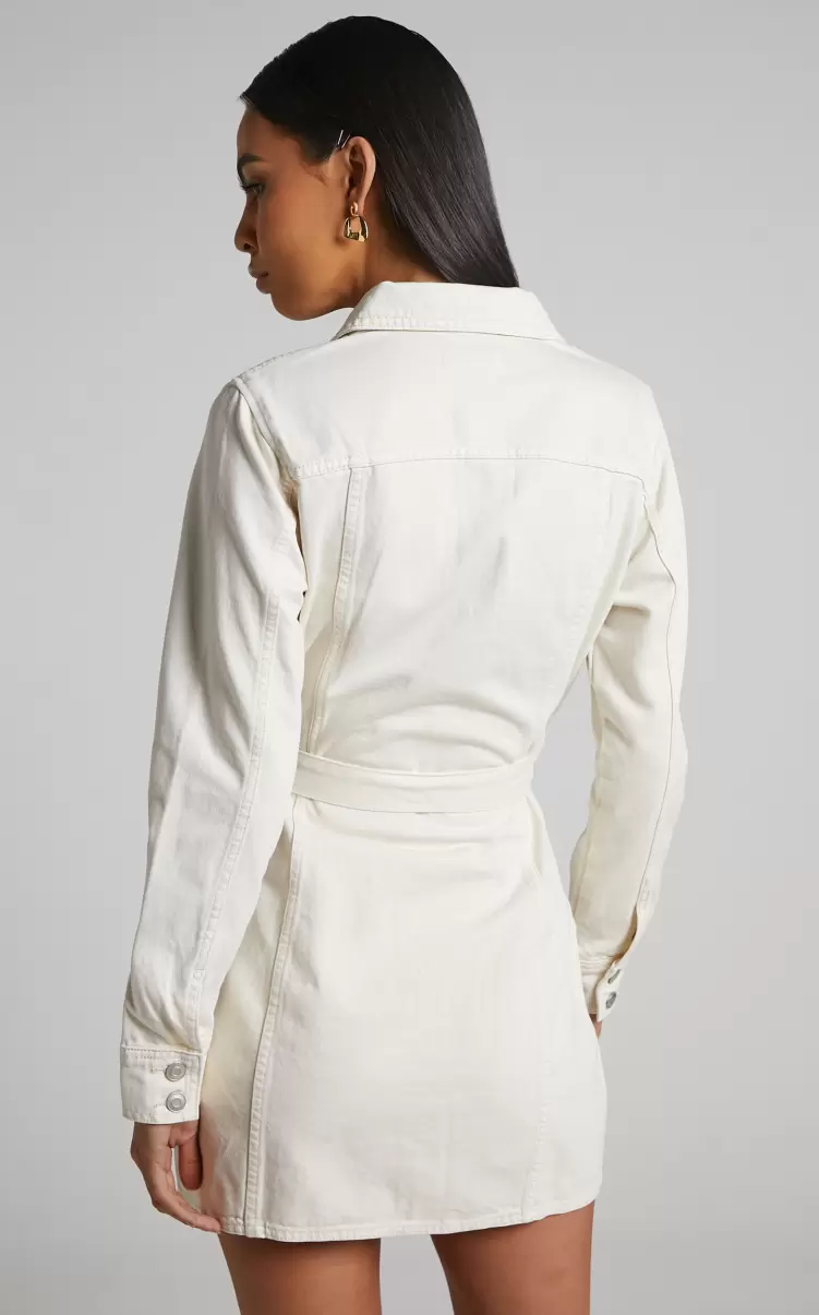 Curve Clothes Enriquetta Mini Dress -  Cotton Denim Long Sleeve Button Up Dress In Ecru Showpo Women - 4