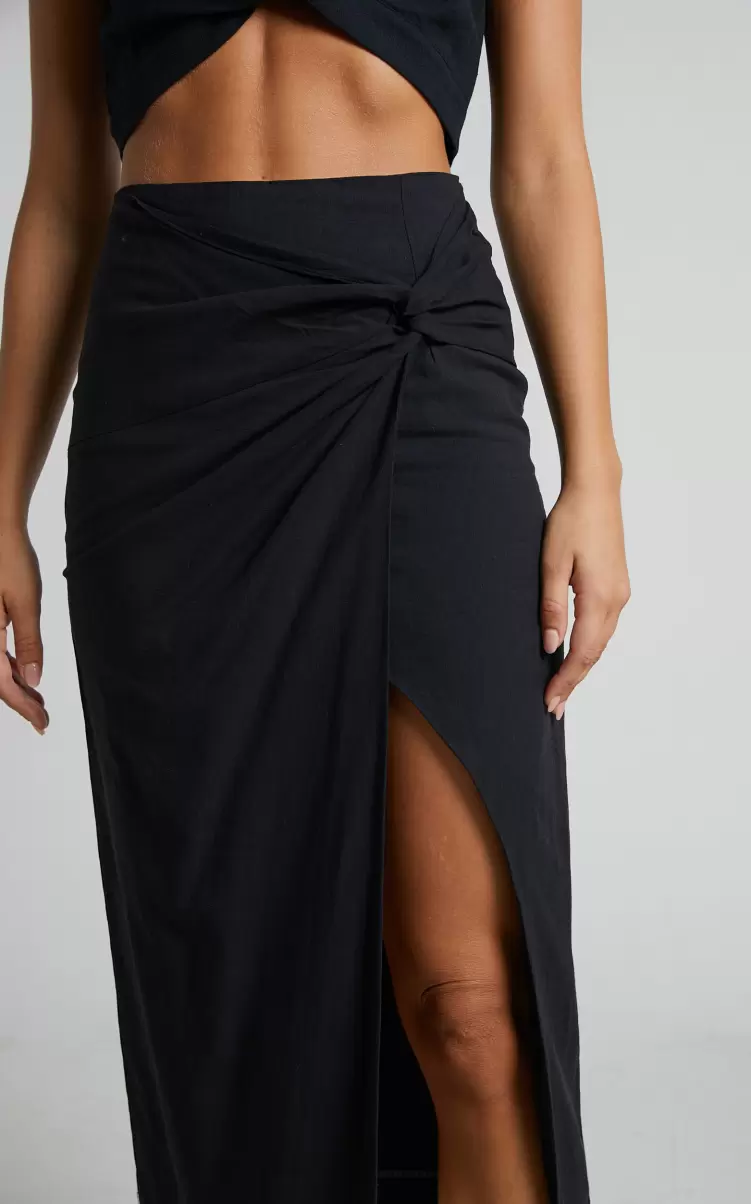 Marieta Midi Skirt - Linen Look Knot Front Skirt In Black Curve Clothes Showpo Women - 1