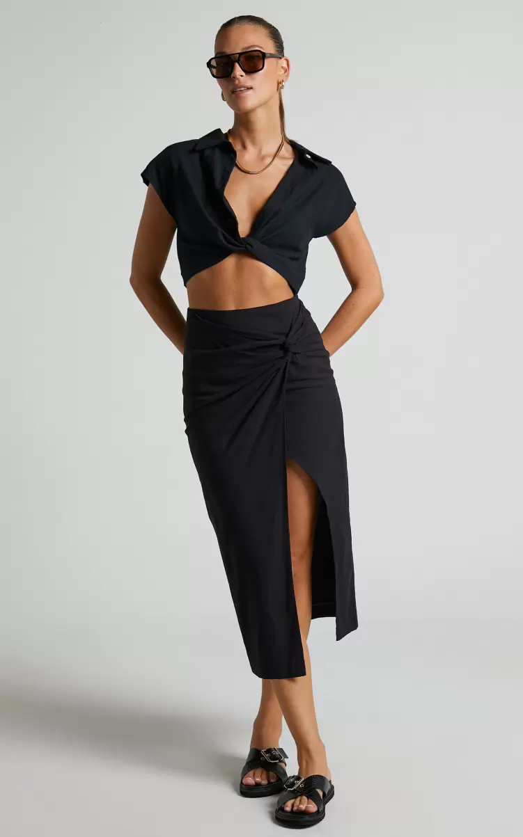 Marieta Midi Skirt - Linen Look Knot Front Skirt In Black Curve Clothes Showpo Women - 4