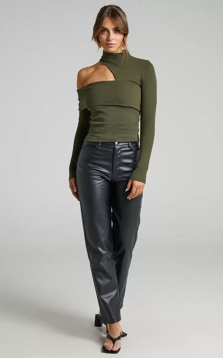 Kiefer Top - Asymmetric Long Sleeve Cutout Top In Khaki Women Showpo Curve Clothes - 4