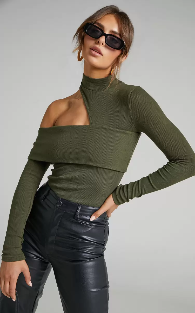 Kiefer Top - Asymmetric Long Sleeve Cutout Top In Khaki Women Showpo Curve Clothes