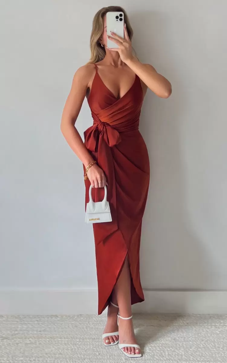 How Will I Know Midi Dress - Wrap Waist Tie Tulip Hem Dress In Copper Curve Clothes Showpo Women - 4