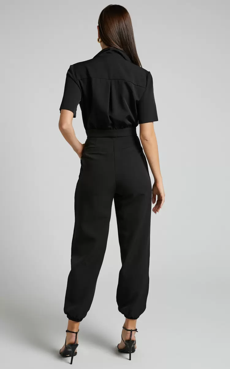 Women Showpo Curve Clothes Coco Jumpsuit - Collared Short Sleeve Straight Leg Jumpsuit In Black - 4