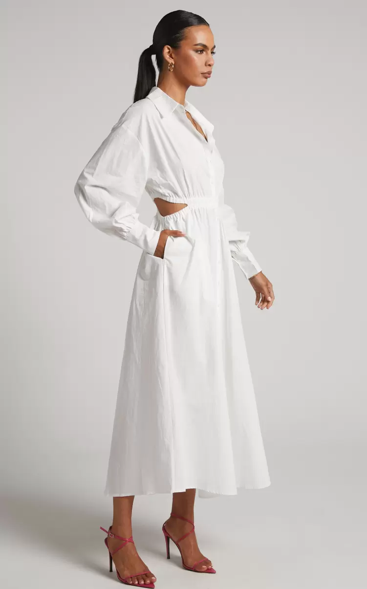 Merabelle Midi Dress - Side Cut Out Collared Long Sleeve Shirt Dress In White Showpo Women Curve Clothes - 3
