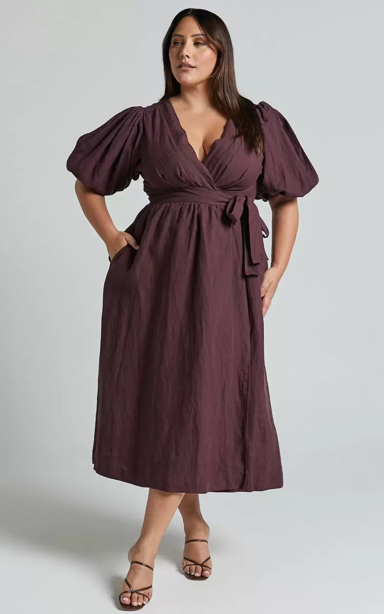 Curve Clothes Amalie The Label - Franc Linen Puff Sleeve Wrap Midi Dress In Dark Plum Women Showpo - 1