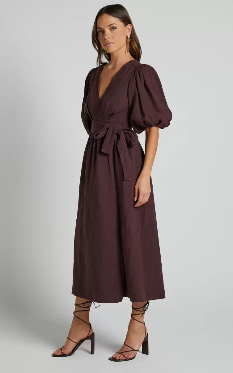 Curve Clothes Amalie The Label - Franc Linen Puff Sleeve Wrap Midi Dress In Dark Plum Women Showpo - 2