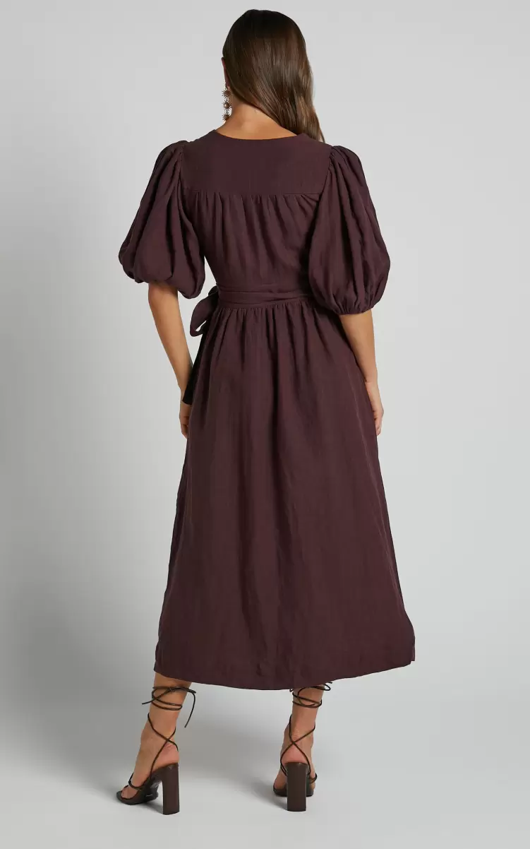 Curve Clothes Amalie The Label - Franc Linen Puff Sleeve Wrap Midi Dress In Dark Plum Women Showpo - 4