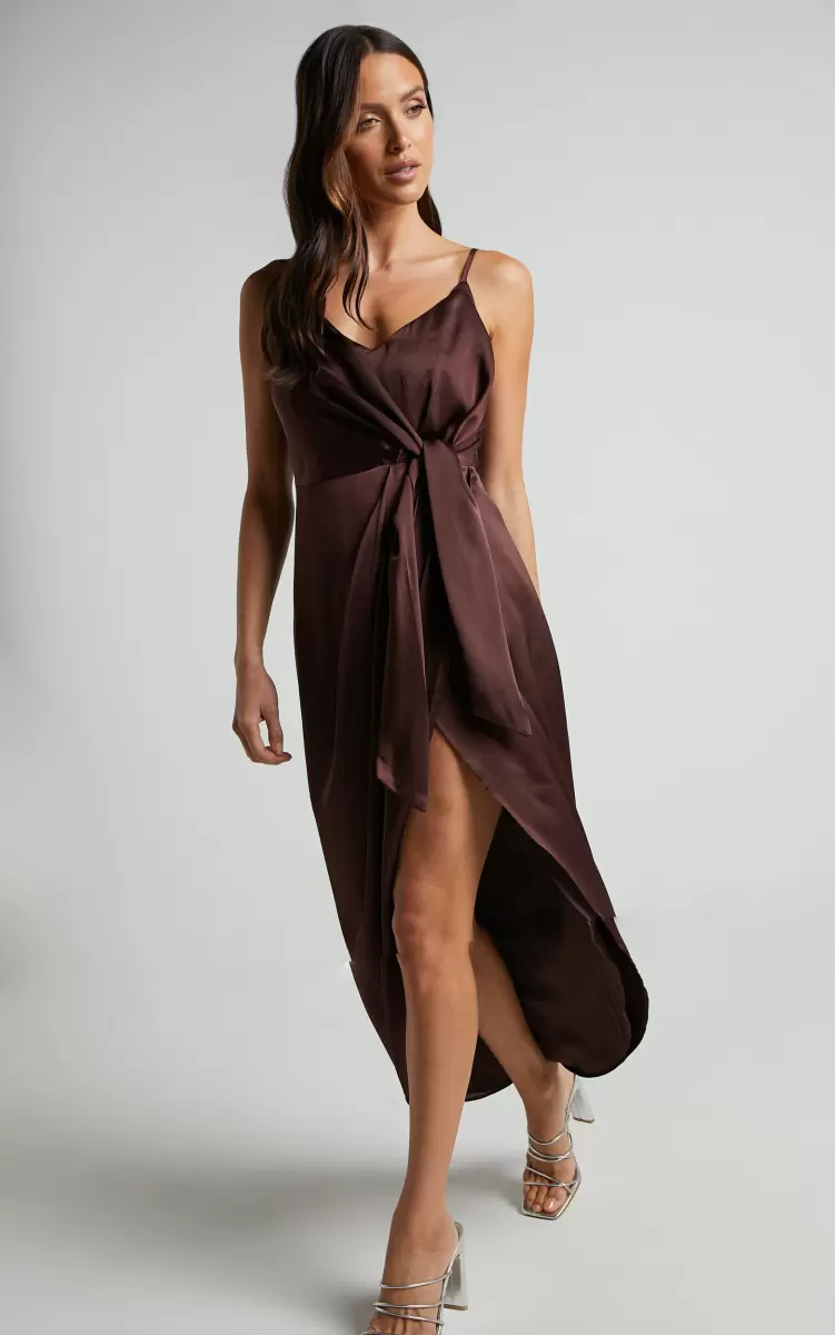 Katie Midi Dress - V Neck Tie Front Detail Dress In Chocolate Showpo Curve Clothes Women - 1