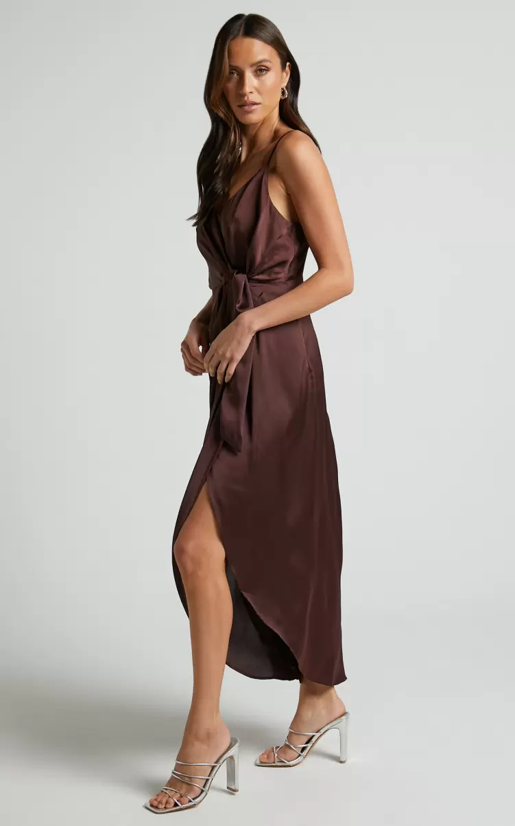 Katie Midi Dress - V Neck Tie Front Detail Dress In Chocolate Showpo Curve Clothes Women - 2