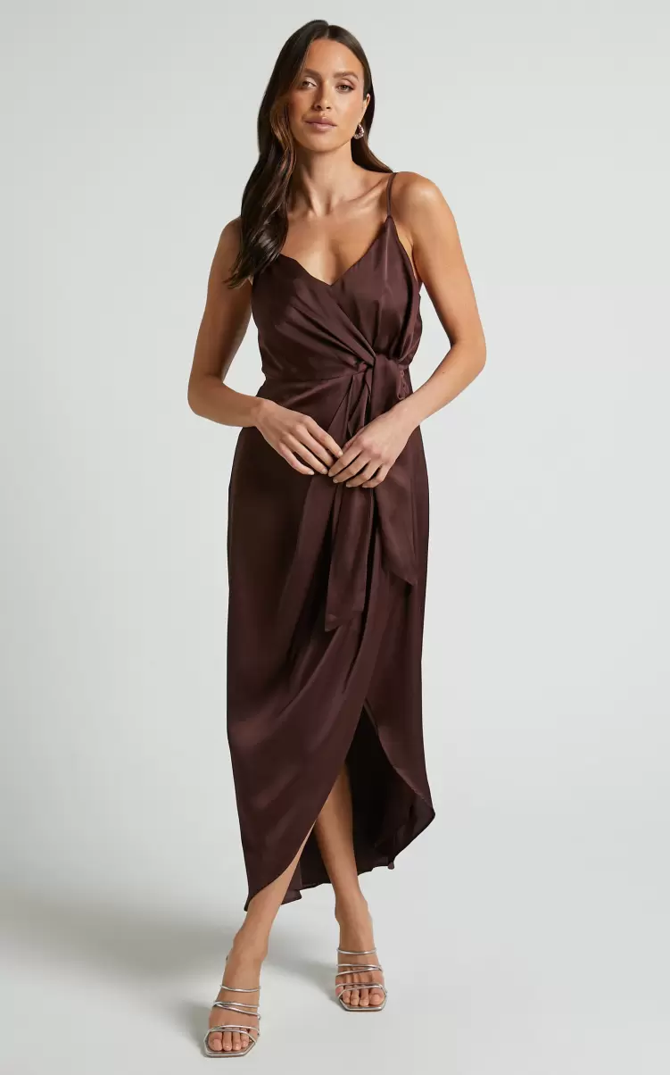 Katie Midi Dress - V Neck Tie Front Detail Dress In Chocolate Showpo Curve Clothes Women - 3
