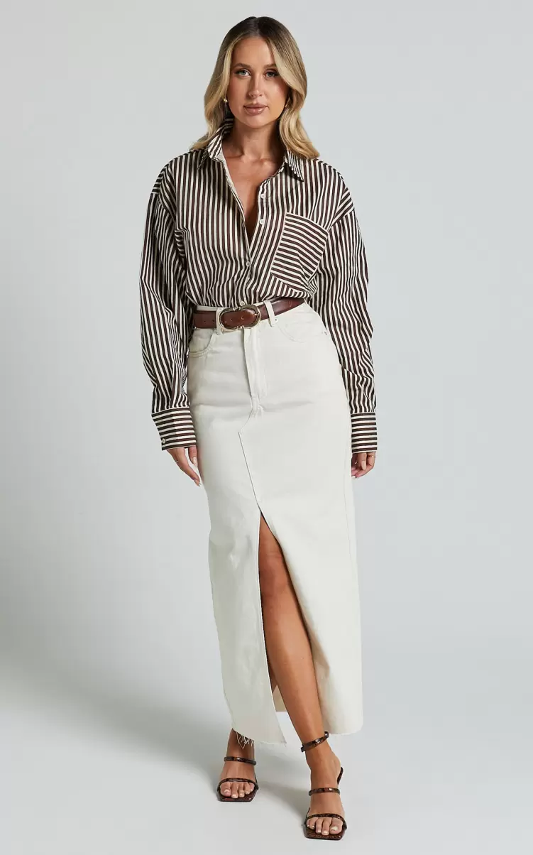 Kira Midi Skirt - Front Split Denim Skirt In Ecru Denim Showpo Women - 3