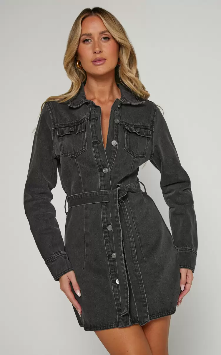 Denim Women Showpo Enriquetta Mini Dress -  Cotton Denim Long Sleeve Button Up Dress In Washed Black - 3