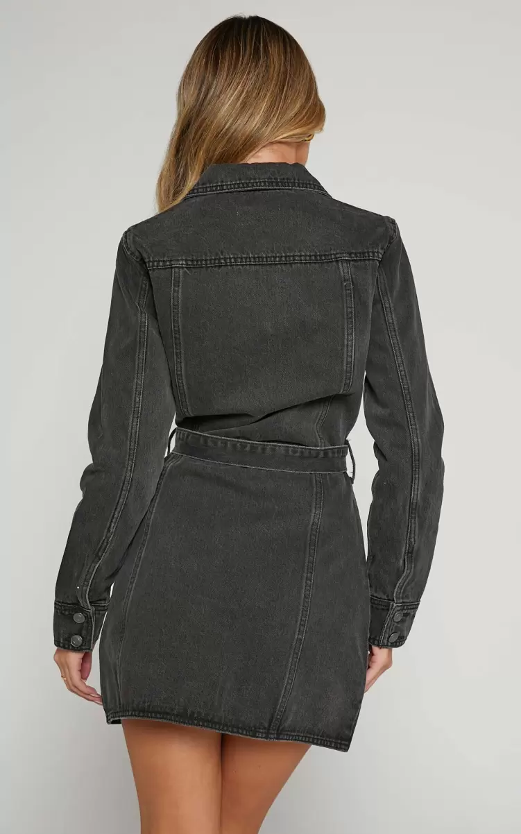 Denim Women Showpo Enriquetta Mini Dress -  Cotton Denim Long Sleeve Button Up Dress In Washed Black - 4