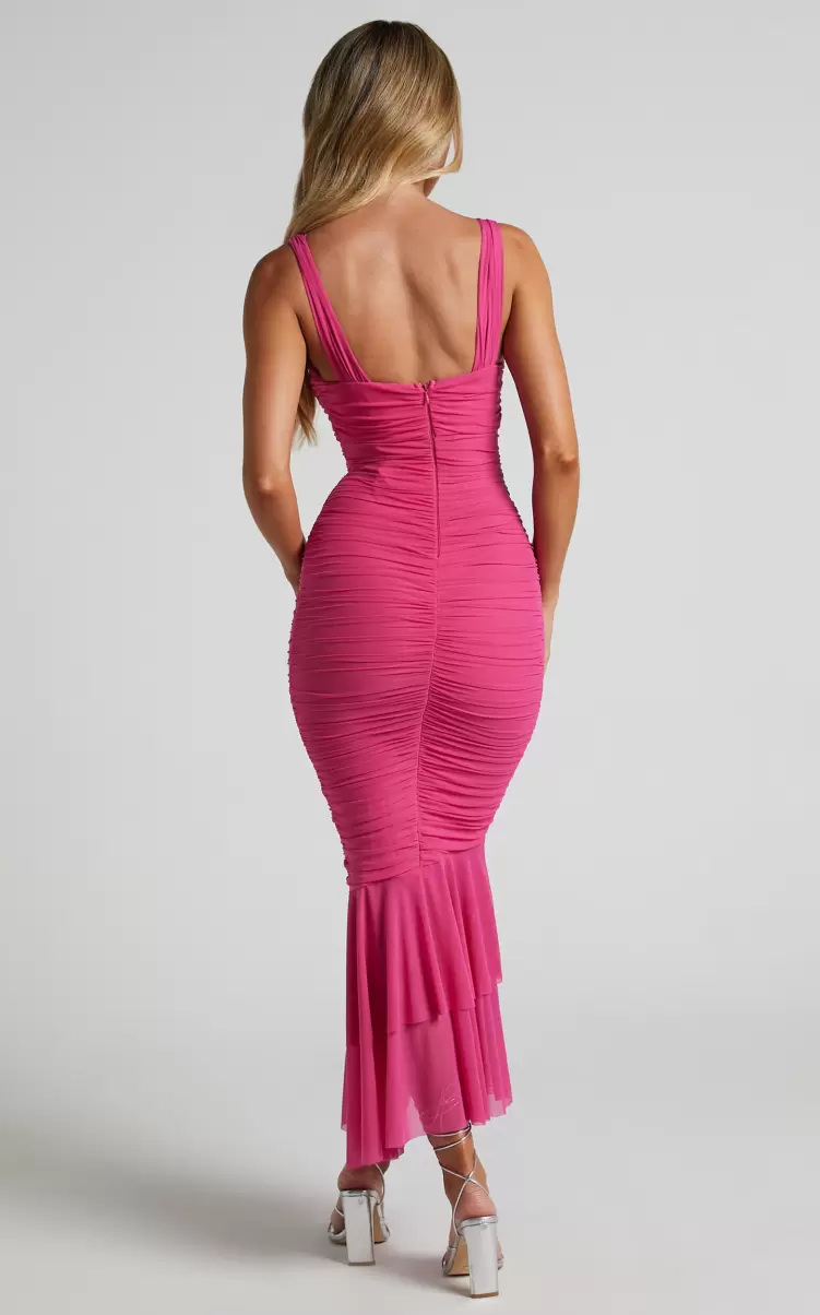 Kody Midi Dress - Bodycon Ruched Mesh Cut Out Dress In Hot Pink Dresses Showpo Women - 1