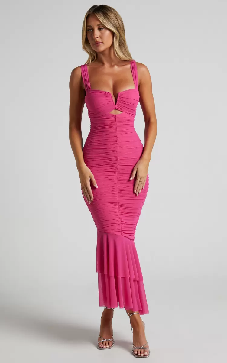 Kody Midi Dress - Bodycon Ruched Mesh Cut Out Dress In Hot Pink Dresses Showpo Women - 2