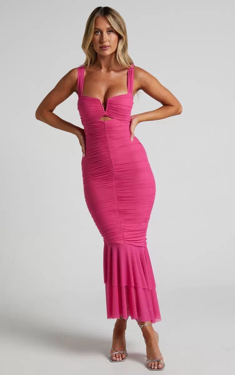 Kody Midi Dress - Bodycon Ruched Mesh Cut Out Dress In Hot Pink Dresses Showpo Women - 3