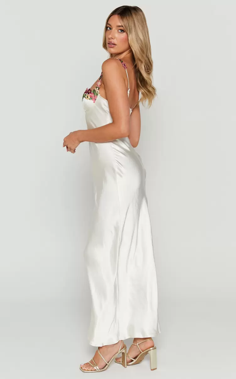 Showpo Dresses Harmony Midi Dress - Floral Detail Cup Bust Satin Dress In White Women - 3
