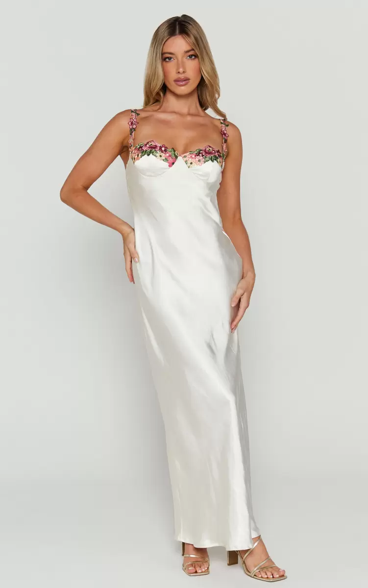 Showpo Dresses Harmony Midi Dress - Floral Detail Cup Bust Satin Dress In White Women - 4