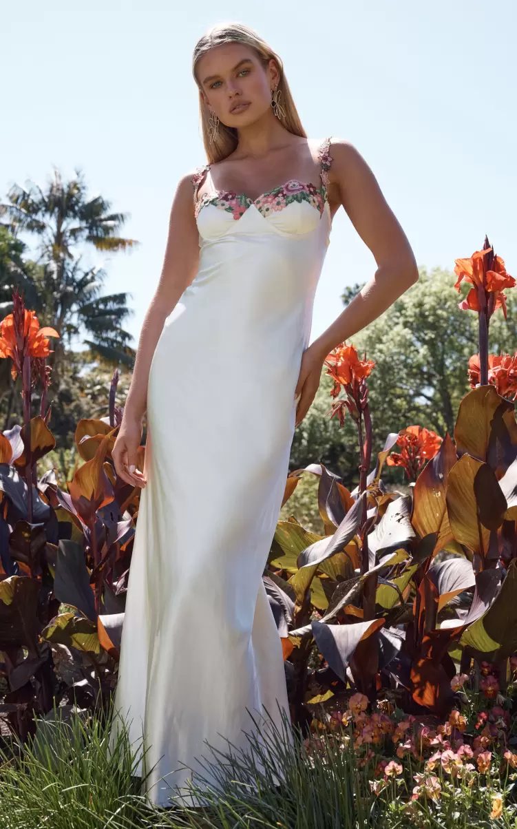 Showpo Dresses Harmony Midi Dress - Floral Detail Cup Bust Satin Dress In White Women