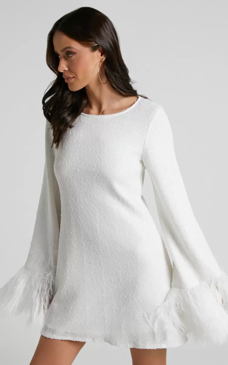 Women Showpo Rowella Mini Dress - Faux Feather Bell Sleeve Dress In White Dresses - 2
