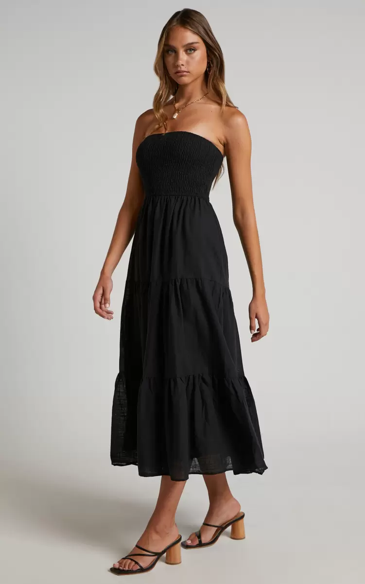 Showpo Dresses Women Zoe Midi Dress - Strapless Shirred Bodice Tiered Dress In Black - 1